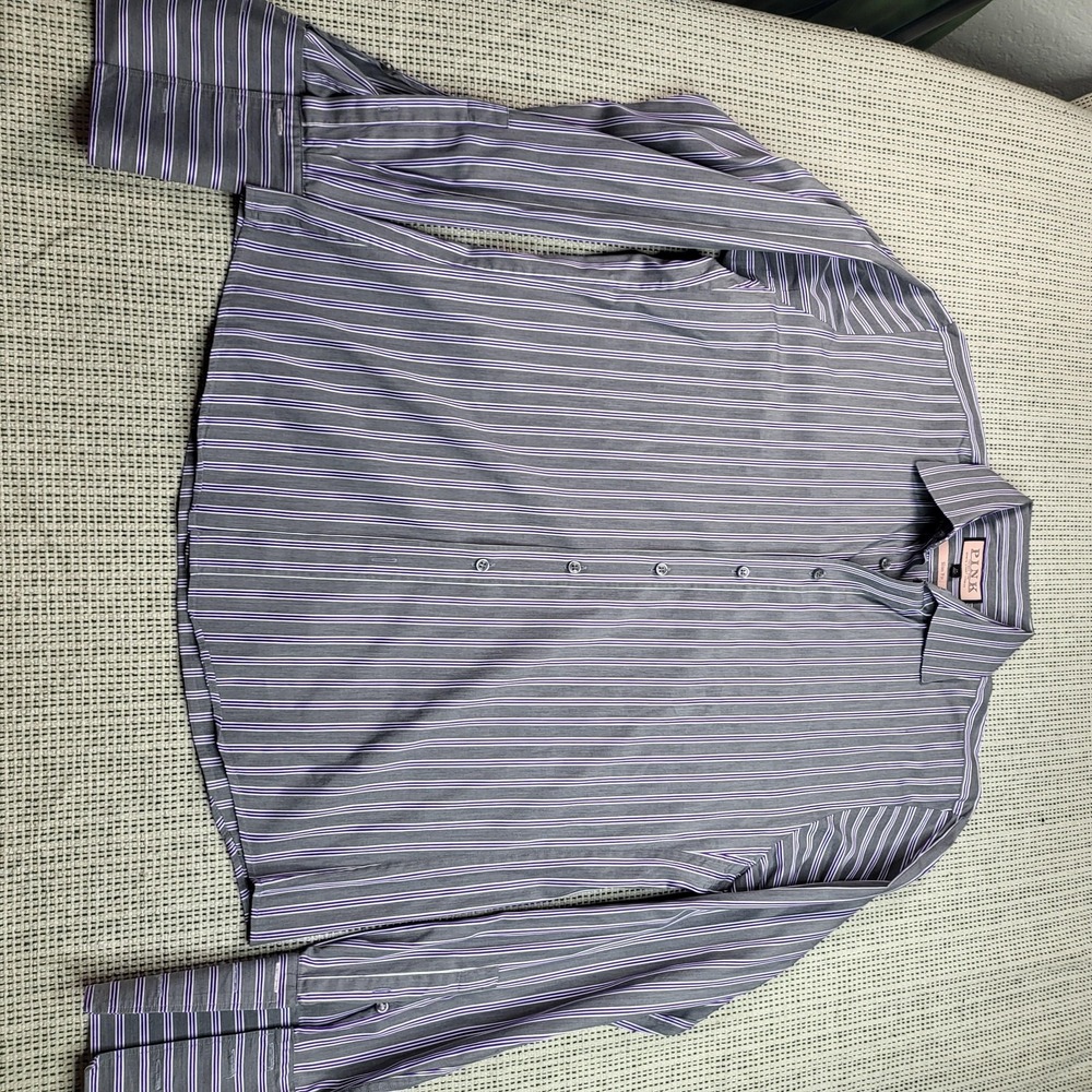 Thomas Pink Dress Shirt Mens 16 Gray Stripe Slim‎ Fit French Cuff Long Sleeve